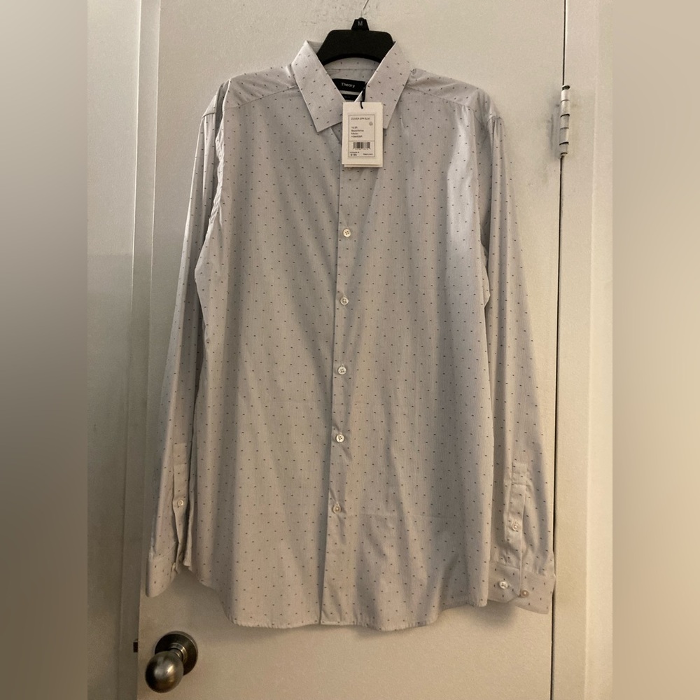 NWT Men’s Theory Dover Spring L/S Button Front Shirt White & Black Slim Fit 16.5